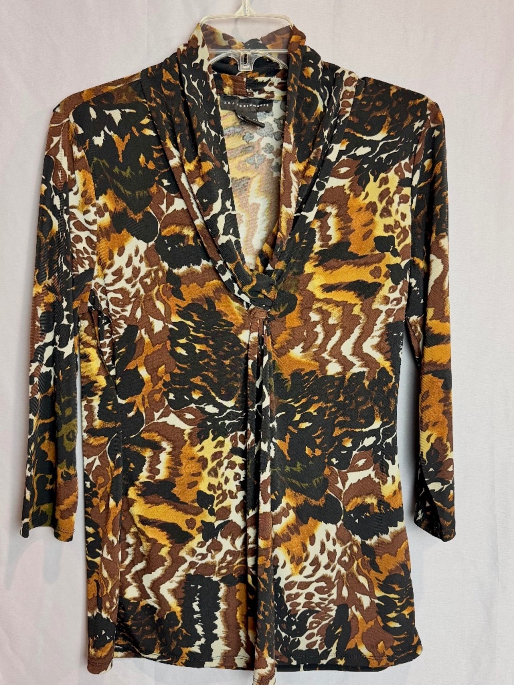 Grace Elements Abstract Animal Print Draped Twist-Front Top in Brown & Tan - Lg